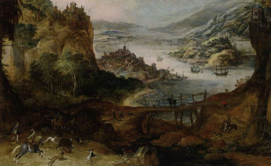 Иос де Момпер. «Речной пейзаж с охотой на кабана», ок.1610 г.