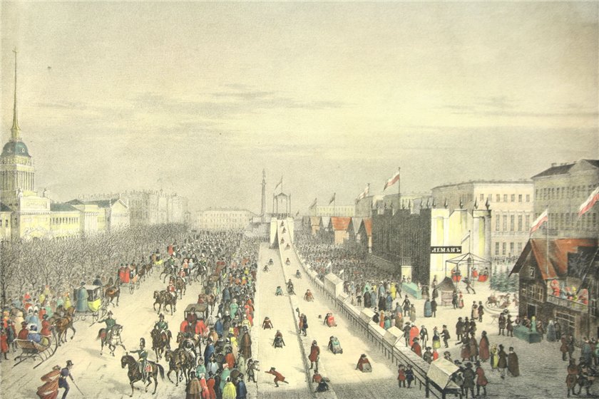 Ледяные горы на адмиралтейской площади во время Масленицы. Литография, 19 век.  Из серии, изданной Фельтеном в 1830-50-е