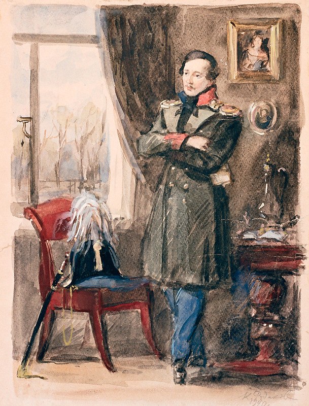 Рудаков К. Портрет М.Ю. Лермонтова. Бумага, акварель. 1940