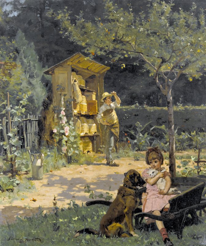 Simon Durand. Garten mit Imker und spielendem Madchen